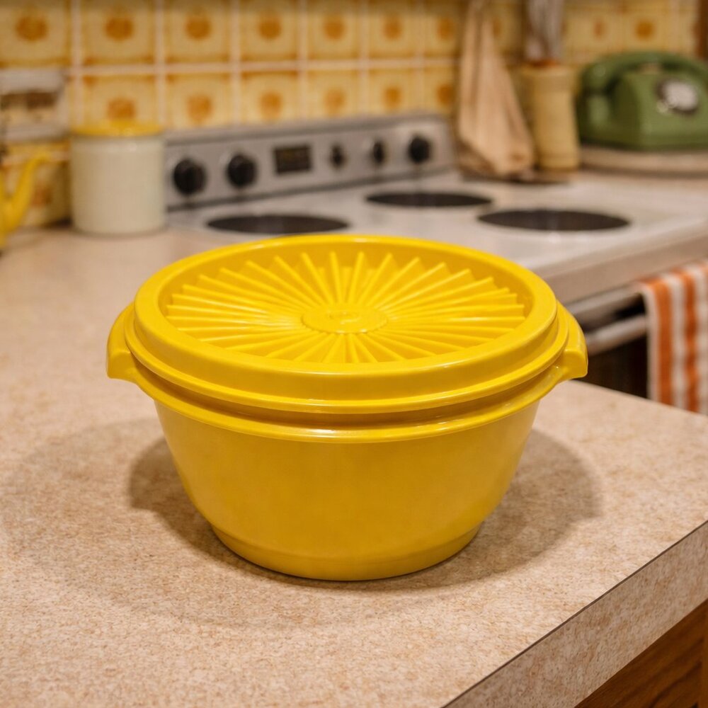Vintage 1970s Tupperware 5” diameter Vibrant Yellow Bowl with Sunburst Lid